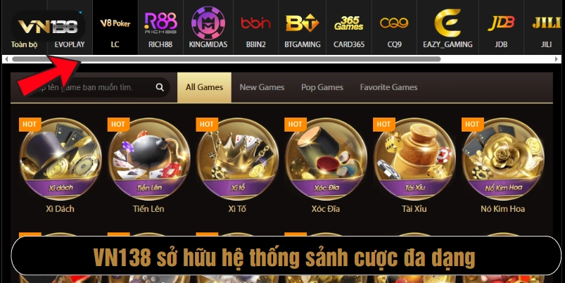 VN138 sở hữu hệ thống sảnh cược đa dạng